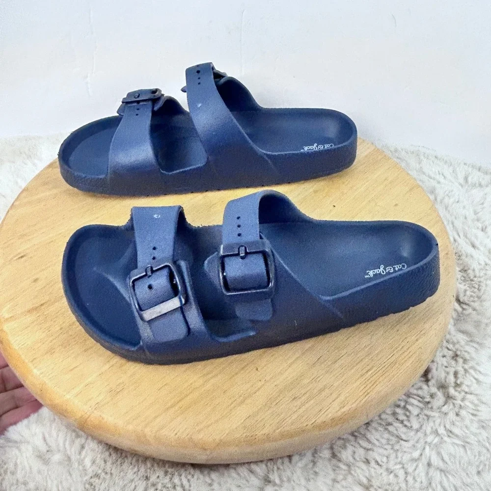 Cat & Jack Kids Navy Blue Sandals‎ Adjustable Buckle Slides Size 6
